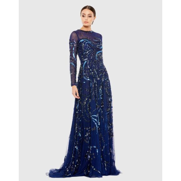 Mac Duggal Long Sleeve Embellished Illusion Evening Gown 12 Maxi Dress 5217 New - Picture 3 of 9
